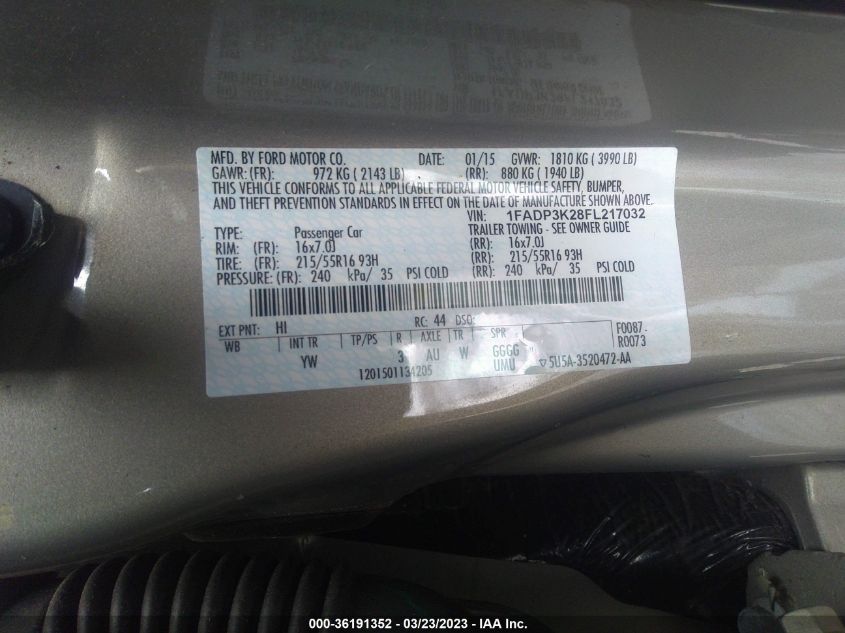 2015 FORD FOCUS SE - 1FADP3K28FL217032