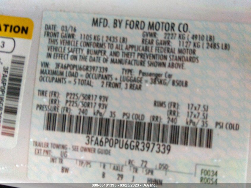 2016 FORD FUSION ENERGI SE LUXURY - 3FA6P0PU6GR397339