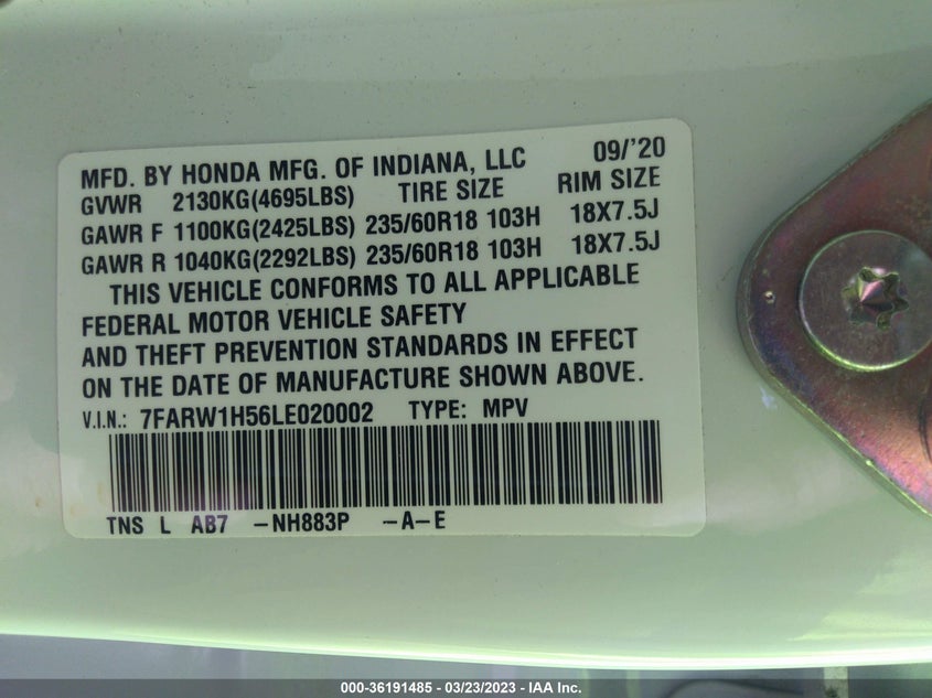 VIN 7FARW1H56LE020002 2020 HONDA CR-V EX