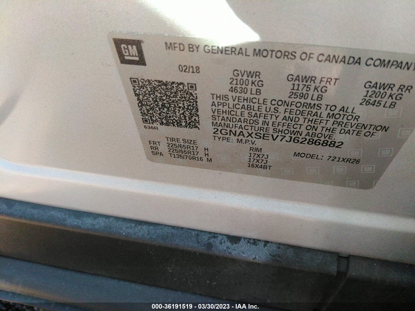 VIN 2GNAXSEV7J6286882 2018 CHEVROLET EQUINOX LT