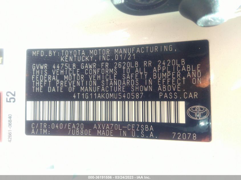 2021 TOYOTA CAMRY SE - 4T1G11AK0MU540587