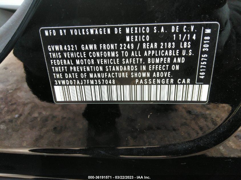 2015 VOLKSWAGEN JETTA SEDAN 1.8T SE - 3VWD07AJ7FM357048