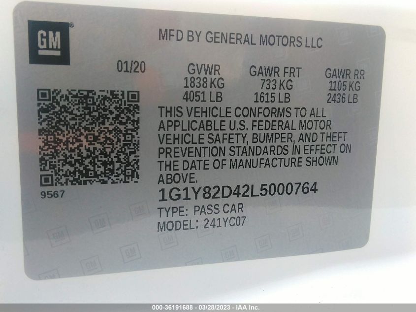 2020 CHEVROLET CORVETTE 3LT - 1G1Y82D42L5000764