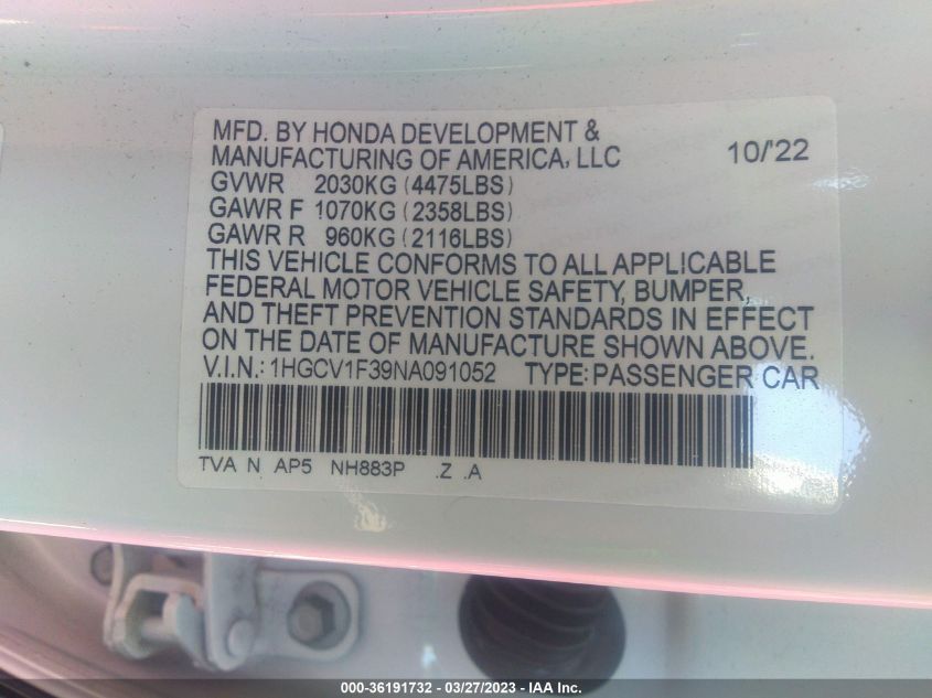 2022 HONDA ACCORD SEDAN SPORT - 1HGCV1F39NA091052