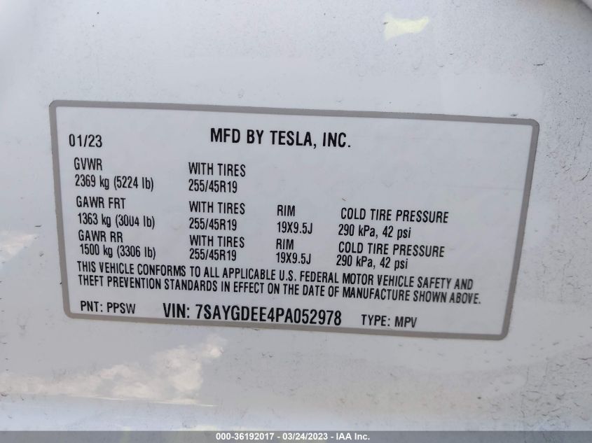 2023 TESLA MODEL Y LONG RANGE - 7SAYGDEE4PA052978