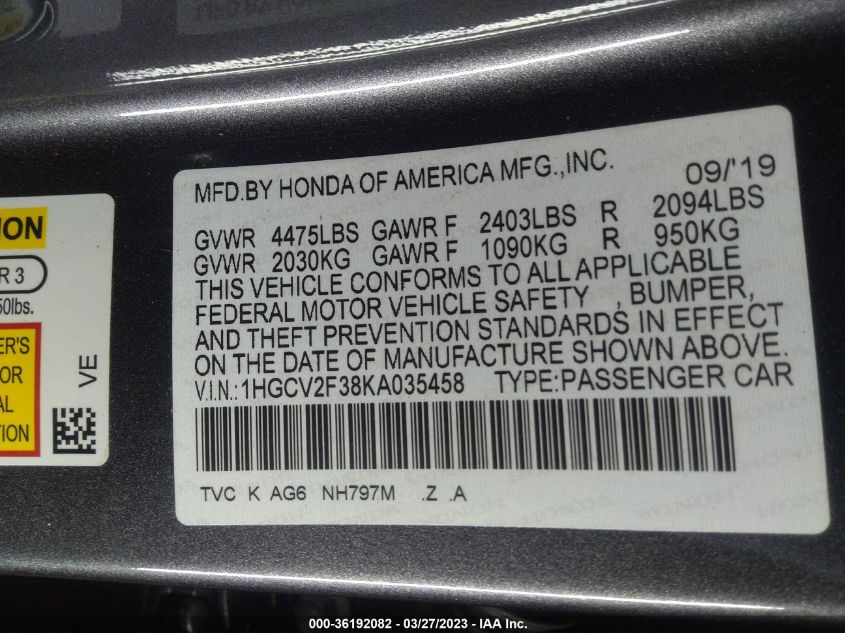 2019 HONDA ACCORD SEDAN SPORT 2.0T - 1HGCV2F38KA035458