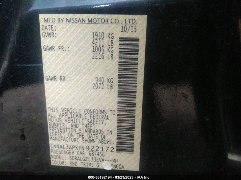 2015 NISSAN ALTIMA 2.5 S - 1N4AL3APXFN922172