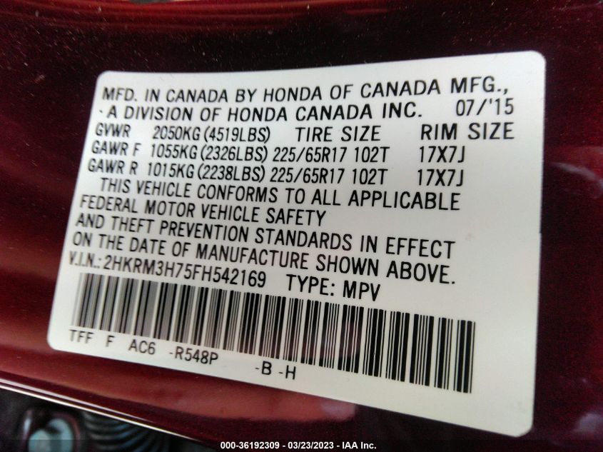 2015 HONDA CR-V EX-L - 2HKRM3H75FH542169