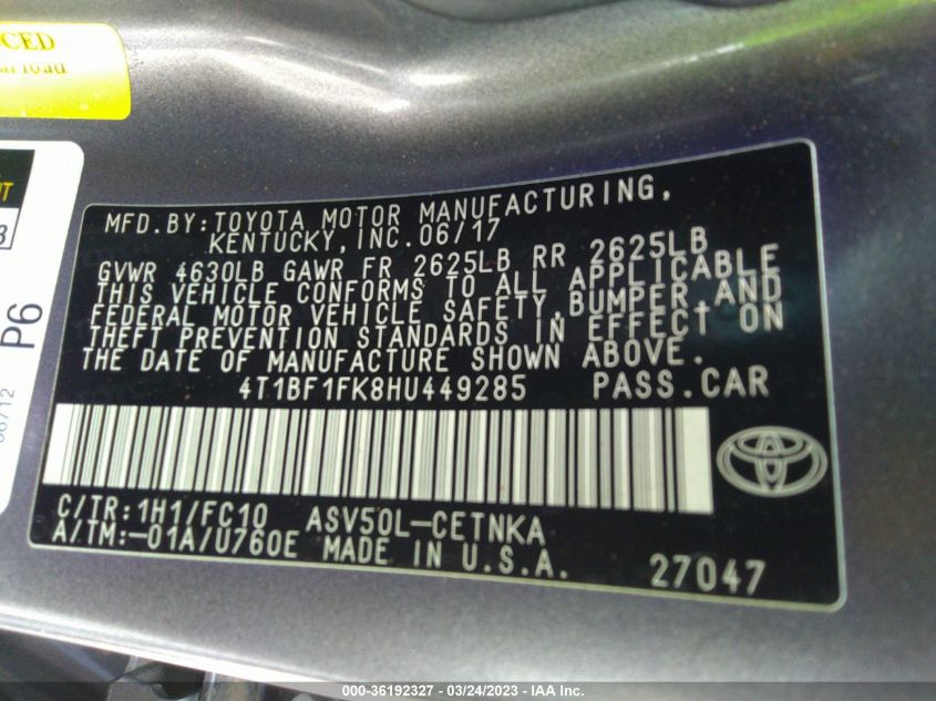 2017 TOYOTA CAMRY XLE/SE/LE/XSE - 4T1BF1FK8HU449285