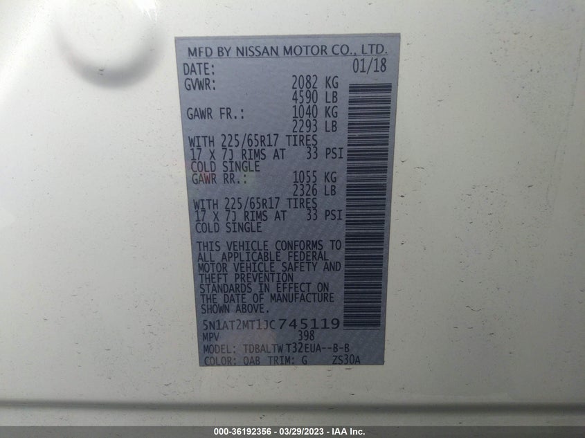 VIN 5N1AT2MT1JC745119 2018 NISSAN ROGUE SV