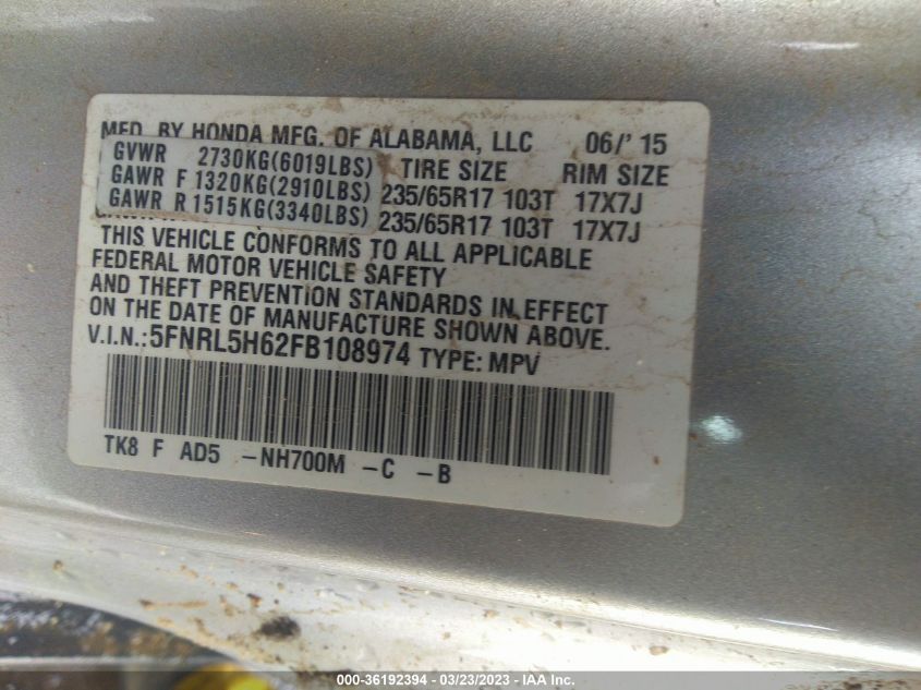 VIN 5FNRL5H62FB108974 2015 HONDA ODYSSEY no.9