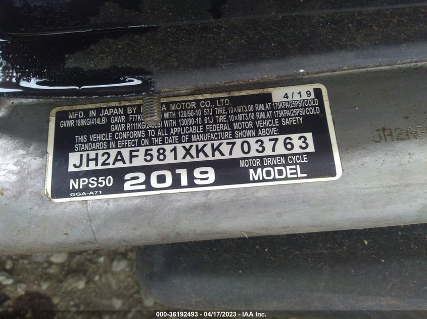 VIN JH2AF581XKK703763 2019 HONDA NPS50