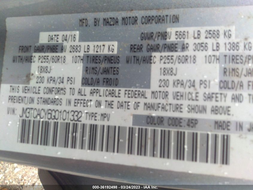 2016 MAZDA CX-9 TOURING - JM3TCACY6G0101332