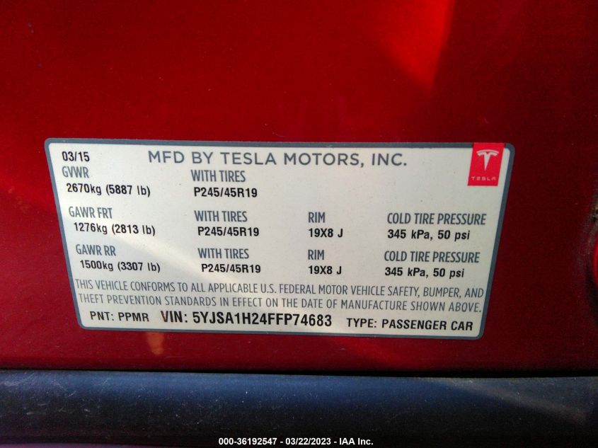2015 TESLA MODEL S 85D/P85D/70D/90D/P90D - 5YJSA1H24FFP74683