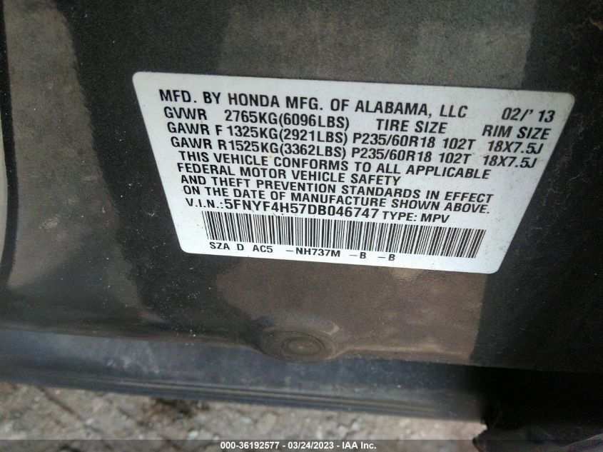 2013 HONDA PILOT EX-L - 5FNYF4H57DB046747