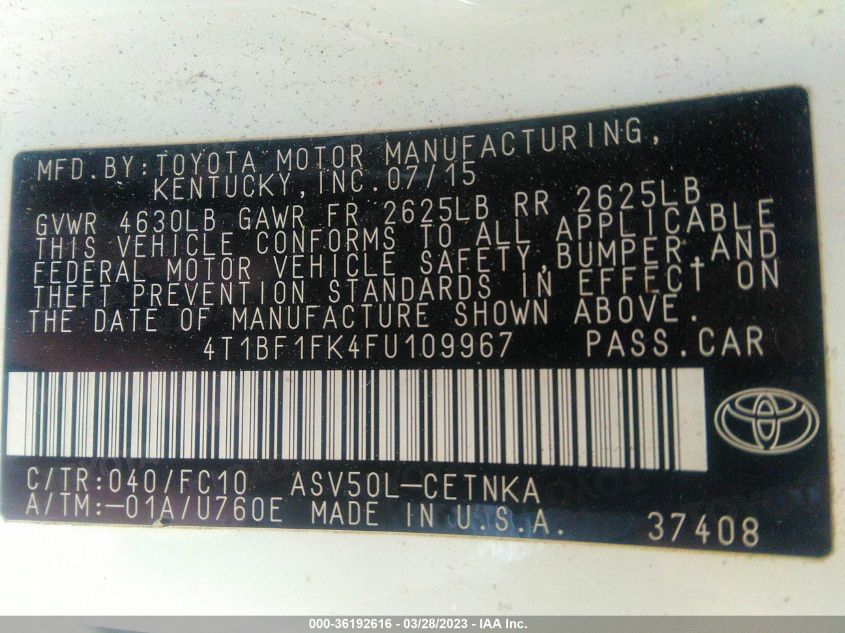 2015 TOYOTA CAMRY XLE/SE/LE/XSE - 4T1BF1FK4FU109967