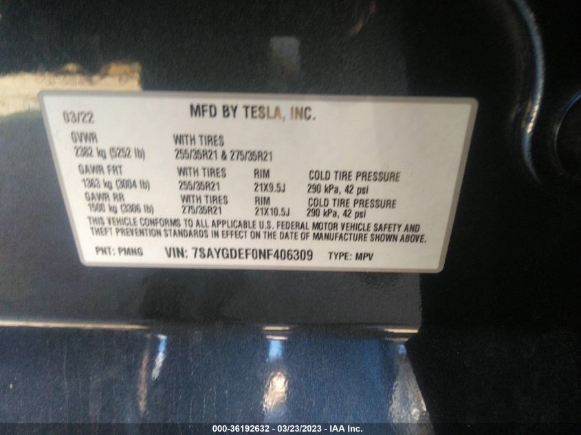 2022 TESLA MODEL Y PERFORMANCE - 7SAYGDEF0NF406309