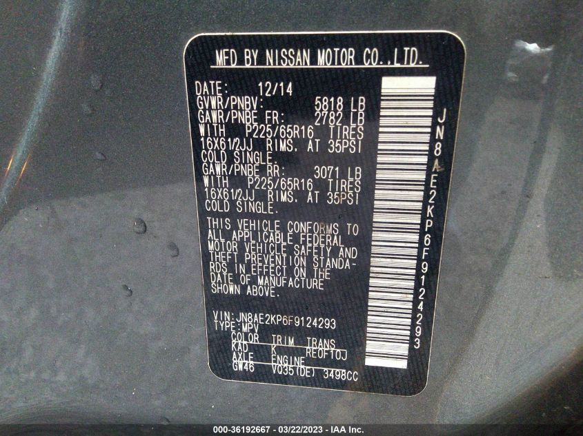 2015 NISSAN QUEST S - JN8AE2KP6F9124293
