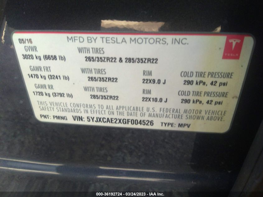 2016 TESLA MODEL X 70D/90D/75D/60D - 5YJXCAE2XGF004526