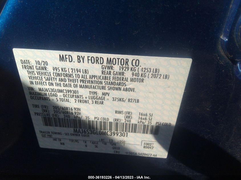 2021 FORD ECOSPORT SE - MAJ6S3GL0MC399301
