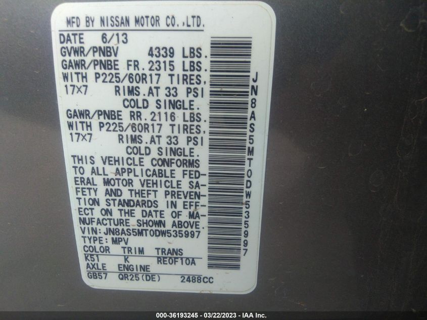2013 NISSAN ROGUE SV - JN8AS5MT0DW535997