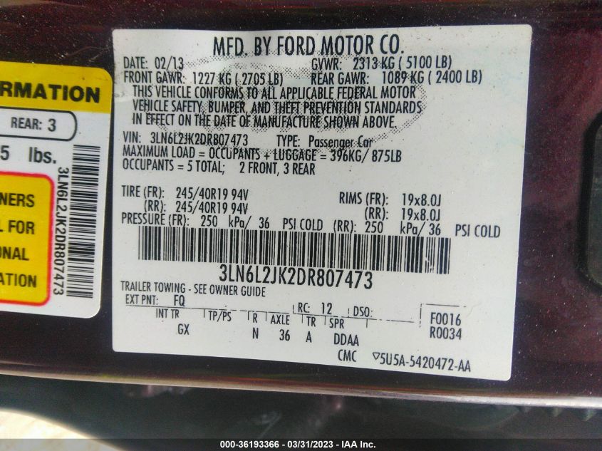 2013 LINCOLN MKZ - 3LN6L2JK2DR807473