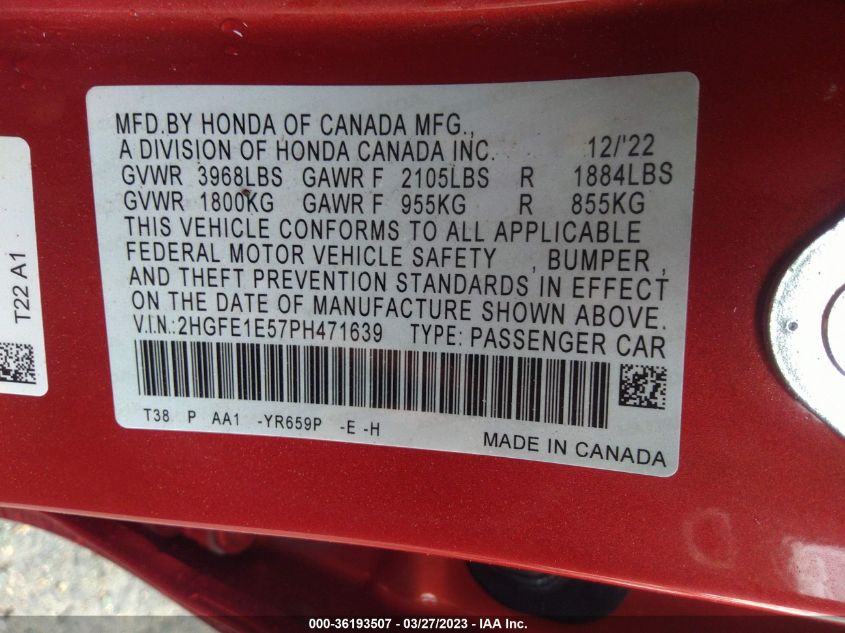 2023 HONDA CIVIC SI 2HGFE1E57PH471639
