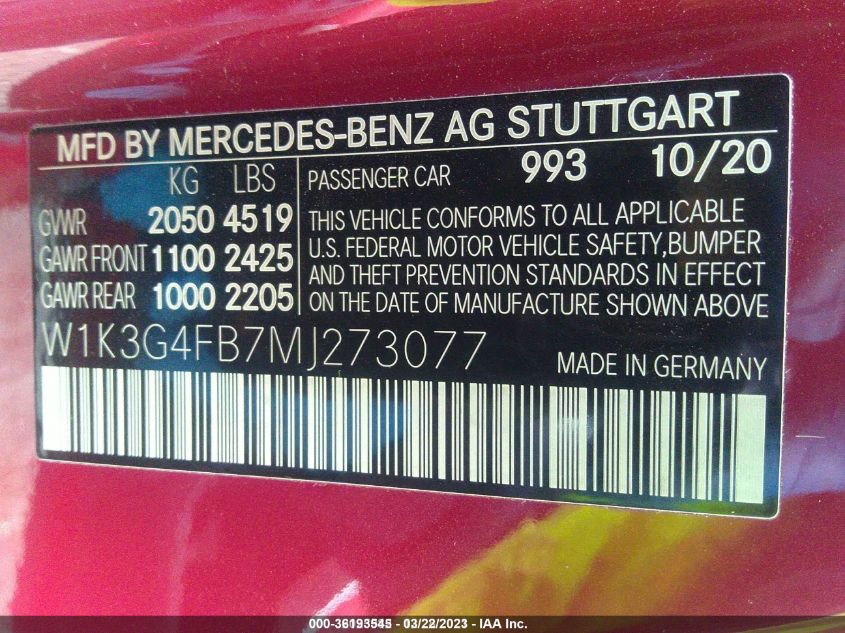 2021 MERCEDES-BENZ A 220 4MATIC W1K3G4FB7MJ273077