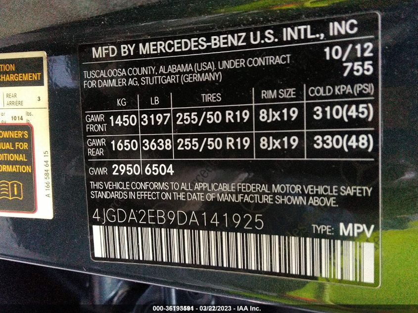 2013 MERCEDES-BENZ M-CLASS ML 350 BLUETEC - 4JGDA2EB9DA141925