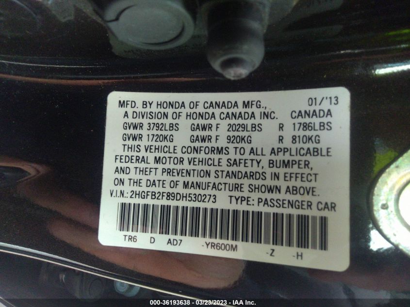 2013 HONDA CIVIC SDN EX - 2HGFB2F89DH530273