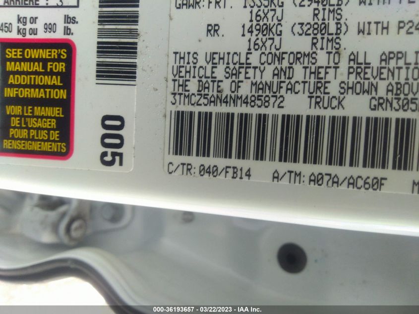 2022 TOYOTA TACOMA 4WD SR/SR5/TRD SPORT - 3TMCZ5AN4NM485872