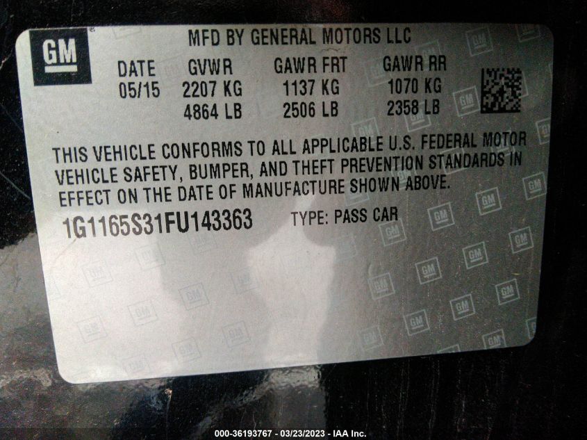 2015 CHEVROLET IMPALA LTZ - 1G1165S31FU143363