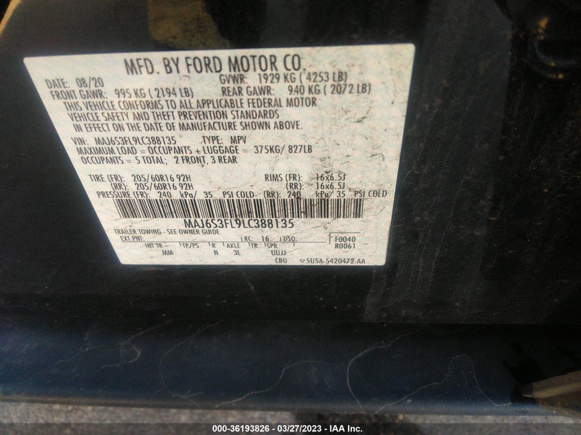 VIN MAJ6S3FL9LC388135 2020 FORD ECOSPORT S