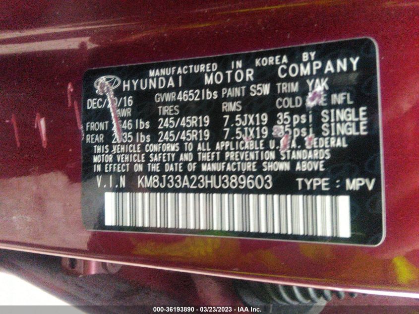 2017 HYUNDAI TUCSON SPORT - KM8J33A23HU389603