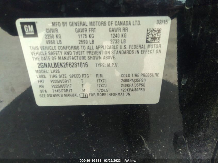 2015 CHEVROLET EQUINOX LT - 2GNALBEK2F6281016