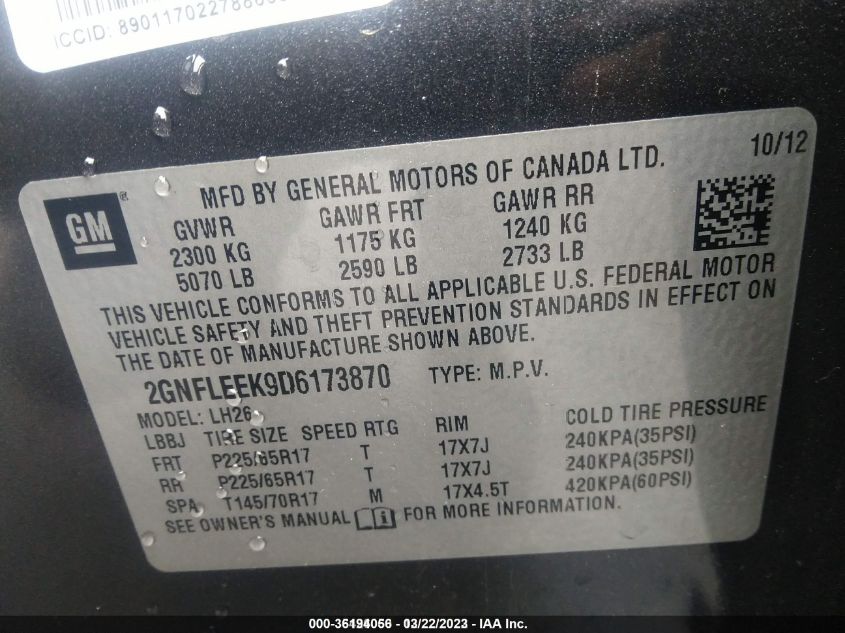 2013 CHEVROLET EQUINOX LT - 2GNFLEEK9D6173870