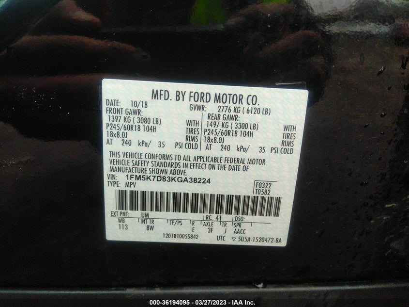 VIN 1FM5K7D83KGA38224 2019 FORD EXPLORER XLT
