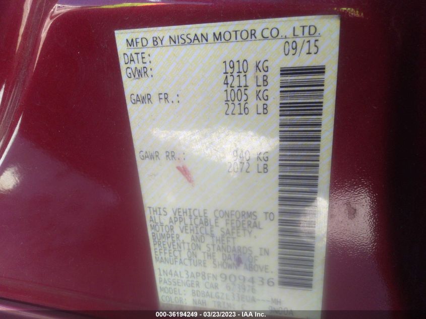 2015 NISSAN ALTIMA 2.5 S - 1N4AL3AP8FN909436