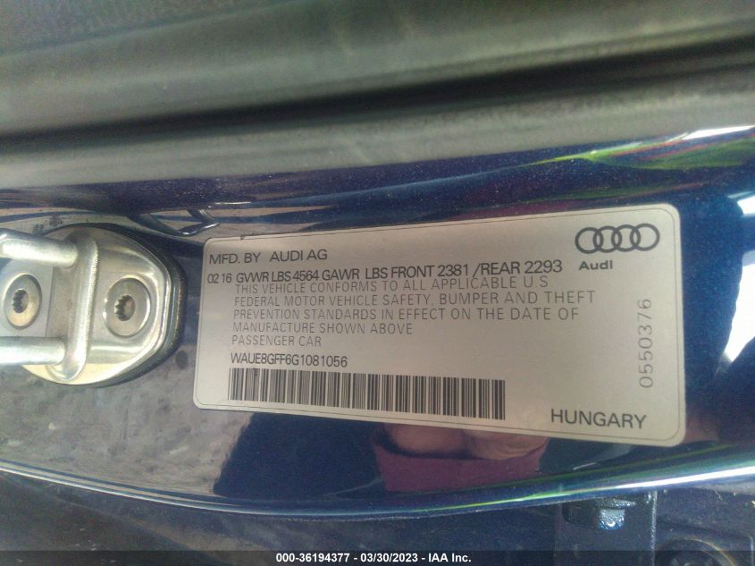 2016 AUDI A3 2.0T PREMIUM PLUS - WAUE8GFF6G1081056