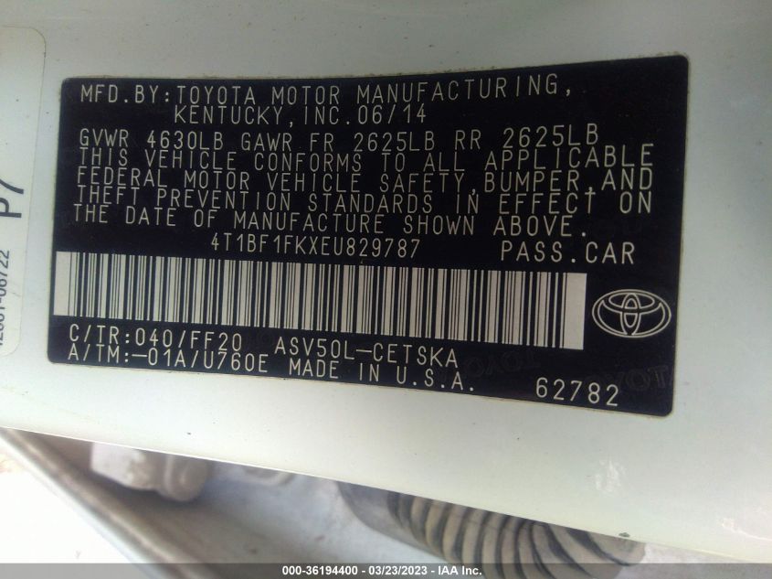 2014 TOYOTA CAMRY L/LE/XLE/SE/SE SPORT - 4T1BF1FKXEU829787