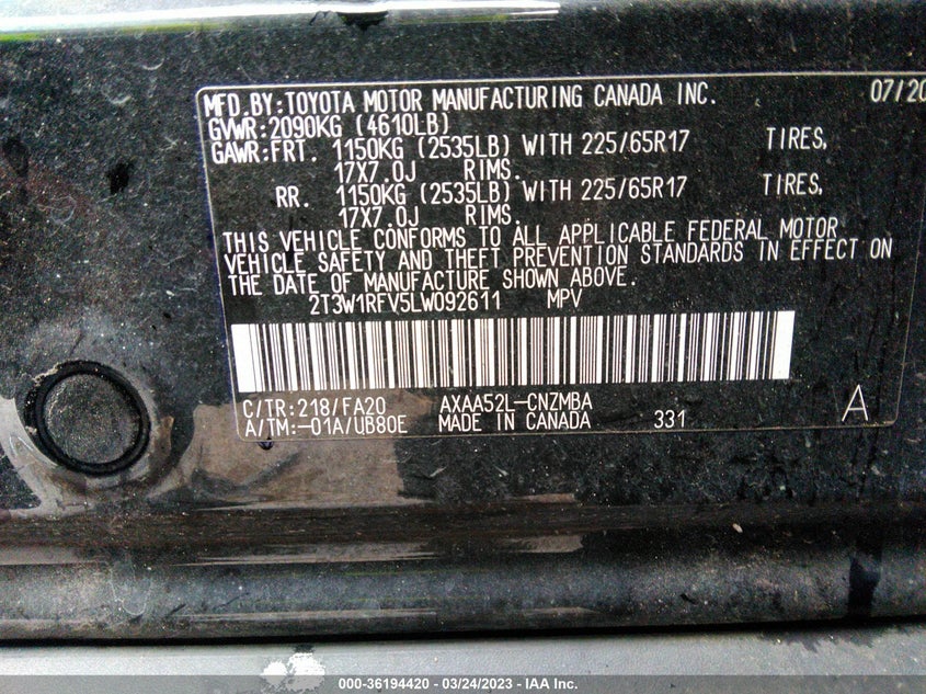 VIN 2T3W1RFV5LW092611 2020 TOYOTA RAV4 XLE
