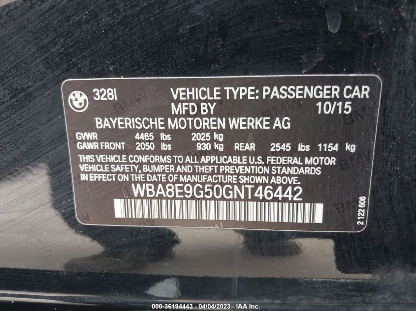 2016 BMW 3 SERIES 328I - WBA8E9G50GNT46442