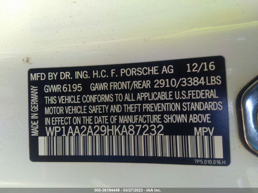 2017 PORSCHE CAYENNE - WP1AA2A29HKA87232