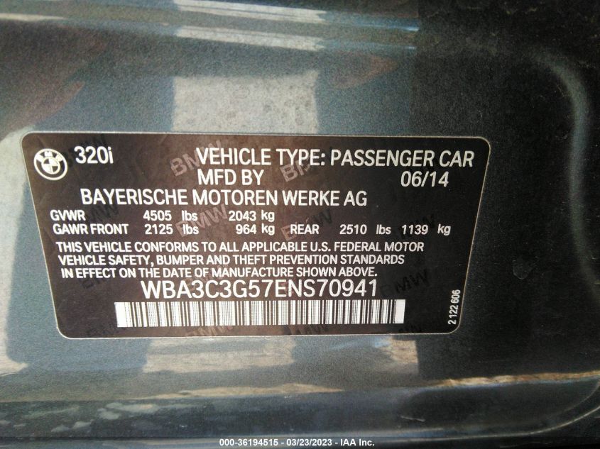 2014 BMW 3 SERIES 320I XDRIVE - WBA3C3G57ENS70941