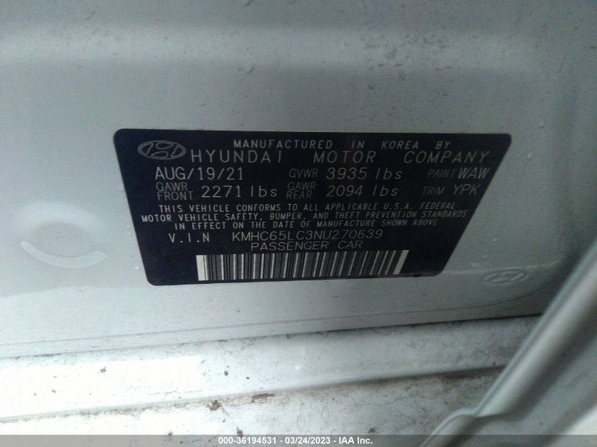 2022 HYUNDAI IONIQ HYBRID BLUE - KMHC65LC3NU270639