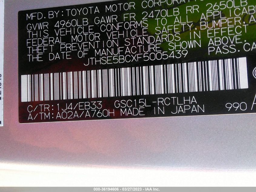 2015 LEXUS RC 350 - JTHSE5BCXF5005439