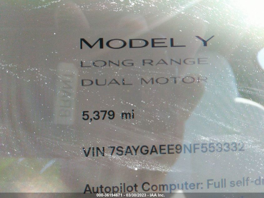 2022 TESLA MODEL Y LONG RANGE - 7SAYGAEE9NF553332