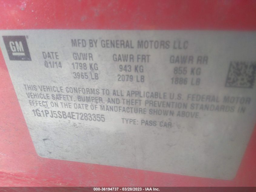 2014 CHEVROLET CRUZE ECO - 1G1PJ5SB4E7283355