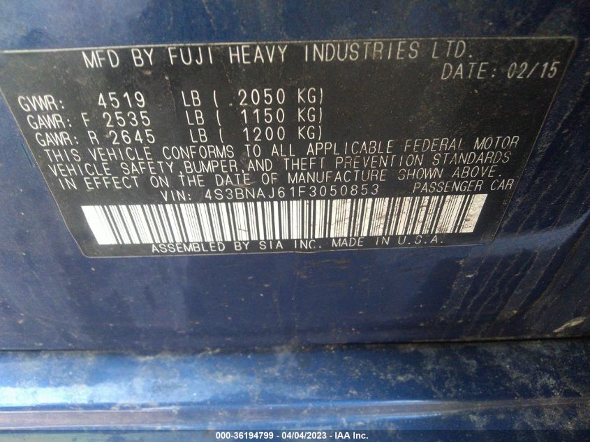 2015 SUBARU LEGACY 2.5I LIMITED - 4S3BNAJ61F3050853
