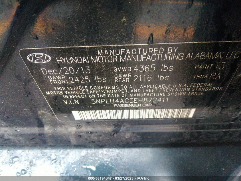 2014 HYUNDAI SONATA GLS - 5NPEB4AC3EH872411